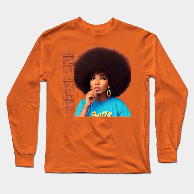 Brown Skin Large Afro Beauty Long Sleeve T-Shirt by Brown Skin Garms By Urmajes-Tees 